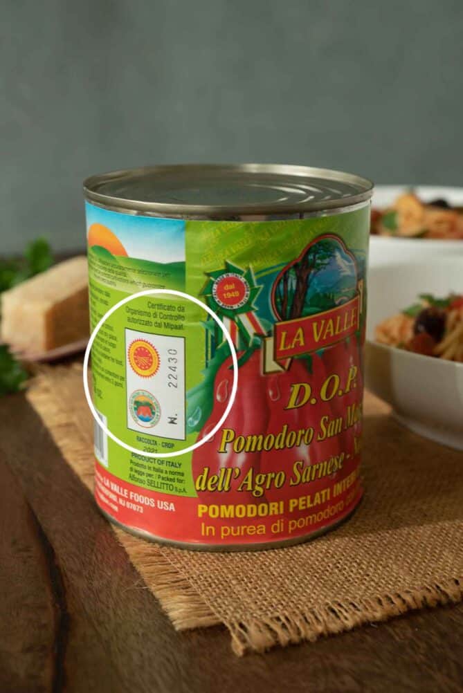 A can of Italian San Marzano Tomatoes showing the authenticity label