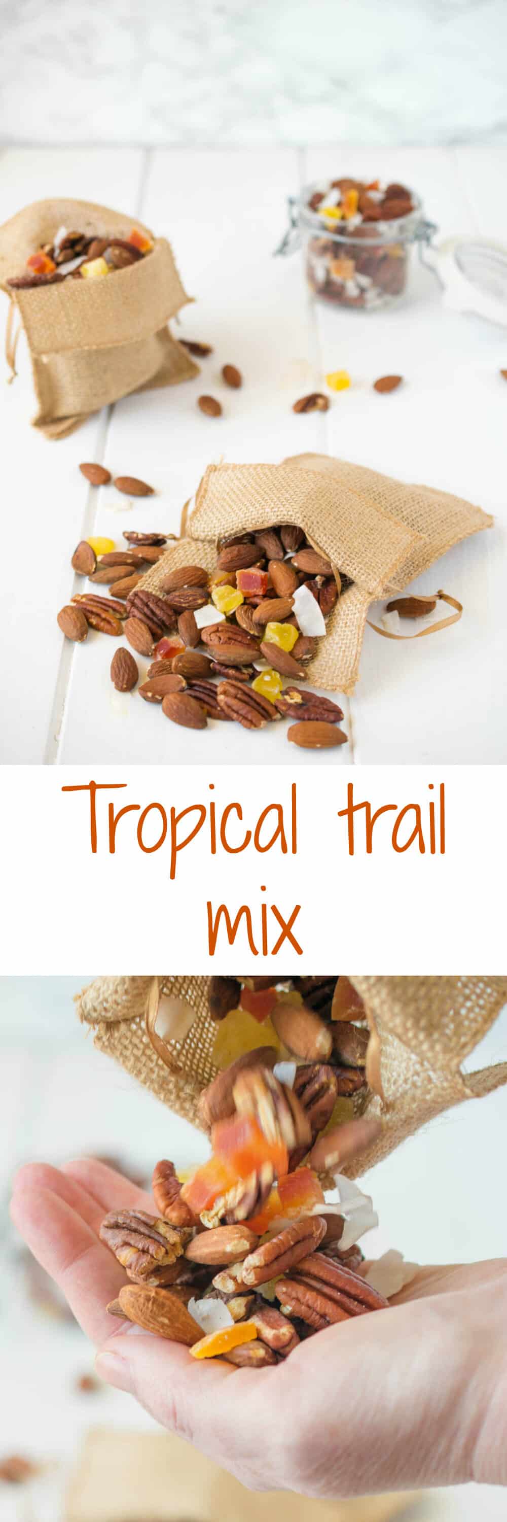 Tropical trail mix. A delicious combination of roasted almonds and pecans, dried mango, pineapple and coconut. This is the perfect anytime snack.
