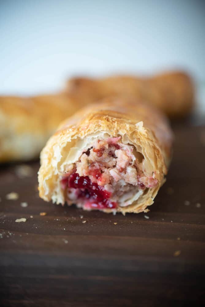 The inside of a turkey, cranberry and stuffing sausage rolls