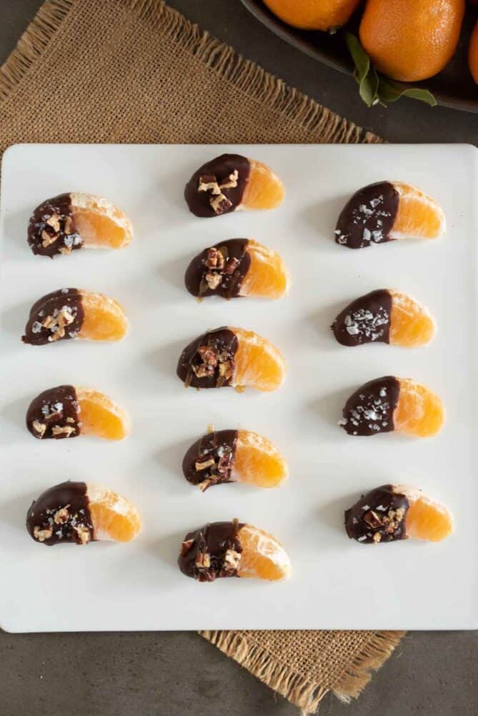 Turtle chocolate dipped oranges viewed from overhead
