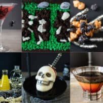 Brownie graveyard, Halloween popcorn, a skull cake in a collage