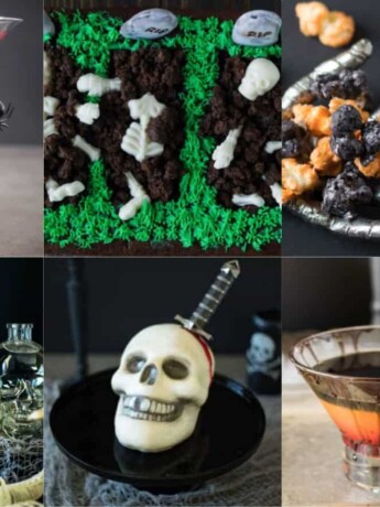 Brownie graveyard, Halloween popcorn, a skull cake in a collage