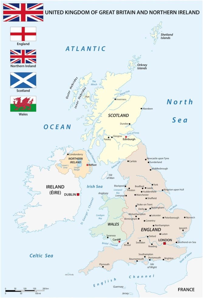 A map of the United Kingdom with their flags