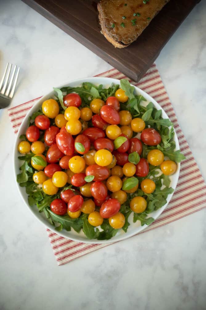 Cherry tomato and basil salad from overhead