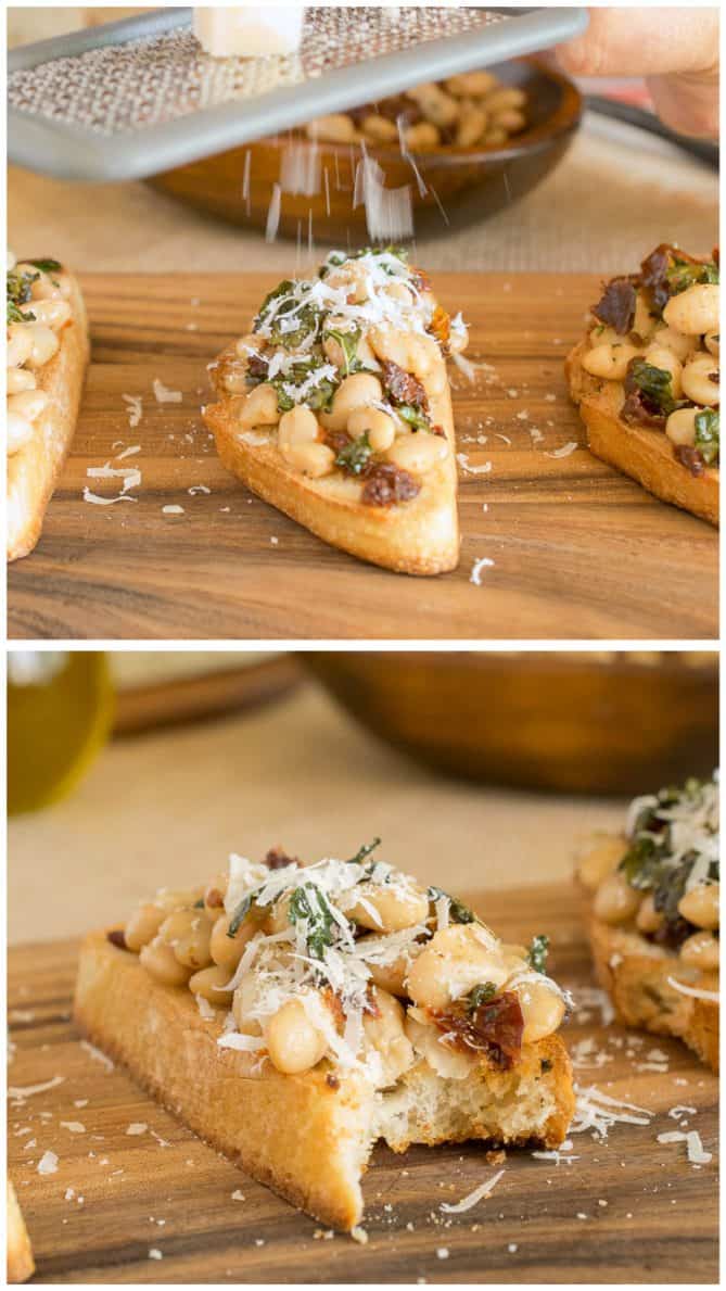Grating Parmesan cheese over bean crostini and one with a bite taken out