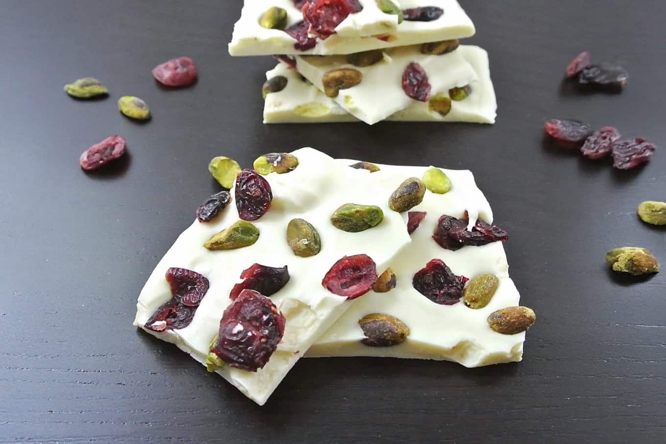 White chocolate bark studded with pistachios and cranberries