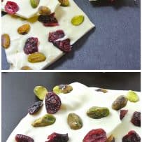 A closeup of the bark showing the bright colors of dried cranberries and pistachio