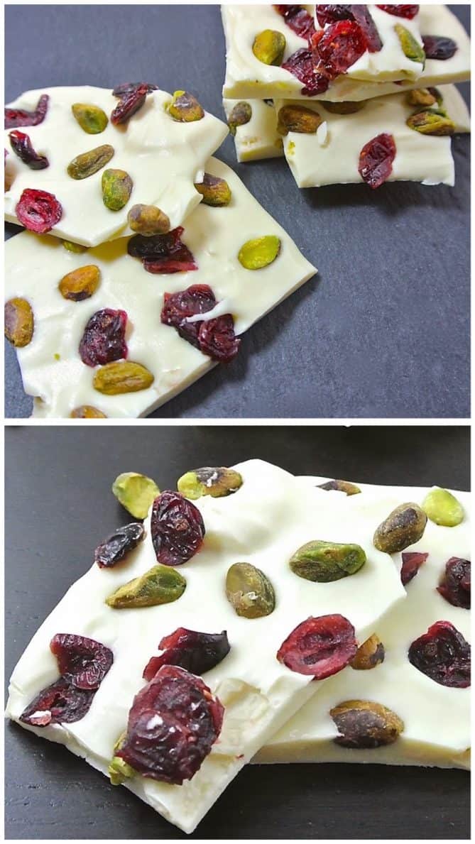 A closeup of the bark showing the bright colors of dried cranberries and pistachio