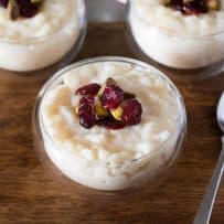 White chocolate rice pudding in a bowl with a spoon