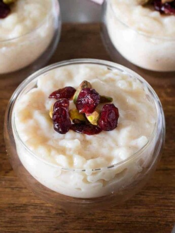 White chocolate rice pudding in a bowl with a spoon