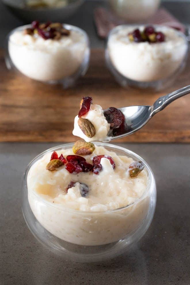 A spoonful topped with dried cranberries and pistachios
