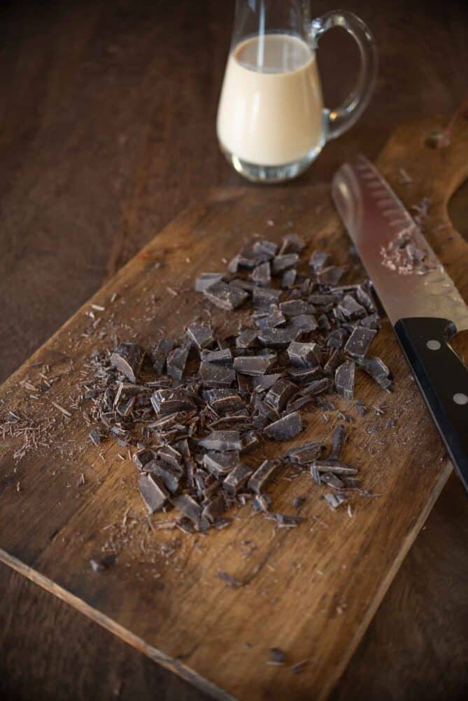 Chopped chocolate on a cutting board